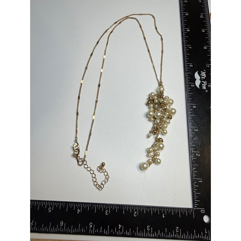 Gold Tone Faux Pearl Cluster Waterfall Pendant Necklace Cream Bead 18-21 Inch